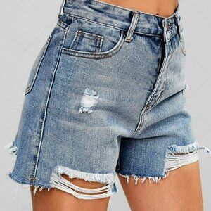 Zaful High Waist Blue Distressed Jeans Shorts Size Large